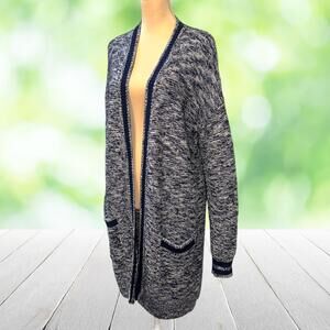 J CREW Varsity Duster Cardigan Sweater Longline Marled Preppy Pockets Blue Sz XS